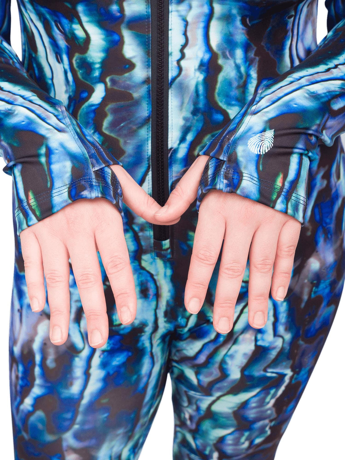 Detail shot of full body sun suit/dive skin with thumb openings for hand coverage.