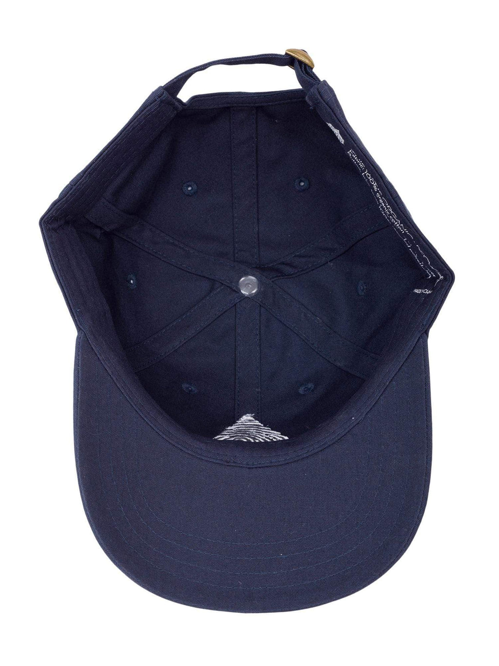 Interior view of a navy blue organic cotton dad cap hat