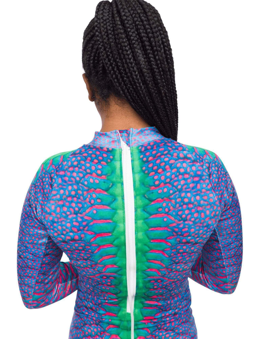 Waterlust parrotfish printed sun suit upper back close up from behind