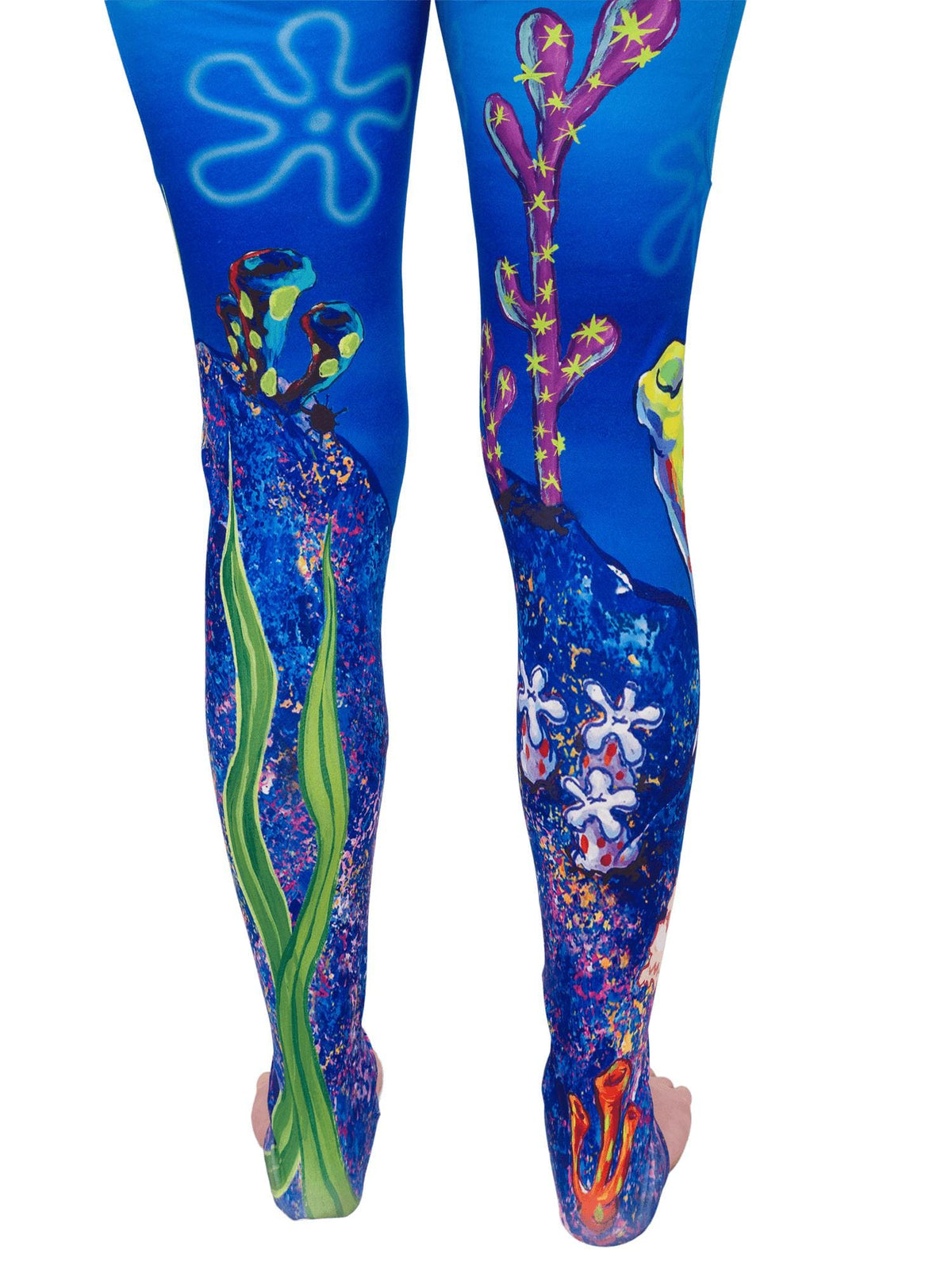 Close up view of the back of the leggings showing detail of the coral, sponges and seaweed art for spongebob leggings.