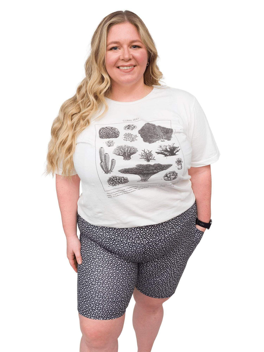 Model: Chelsea is a marine conservationist who believes that science is for everybody… and every BODY! She is 5&#39;2&quot;, 230 lbs, 40DD and is wearing a 3XL short and L tee.