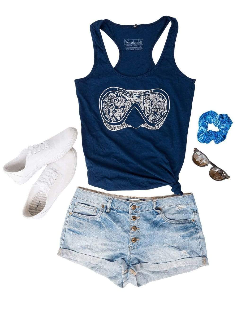 Waterlust "There's Still So Much To Sea" 100% Organic Cotton Tank Top flat off body view styled with shorts, shoes, sunglasses and a scrunchie