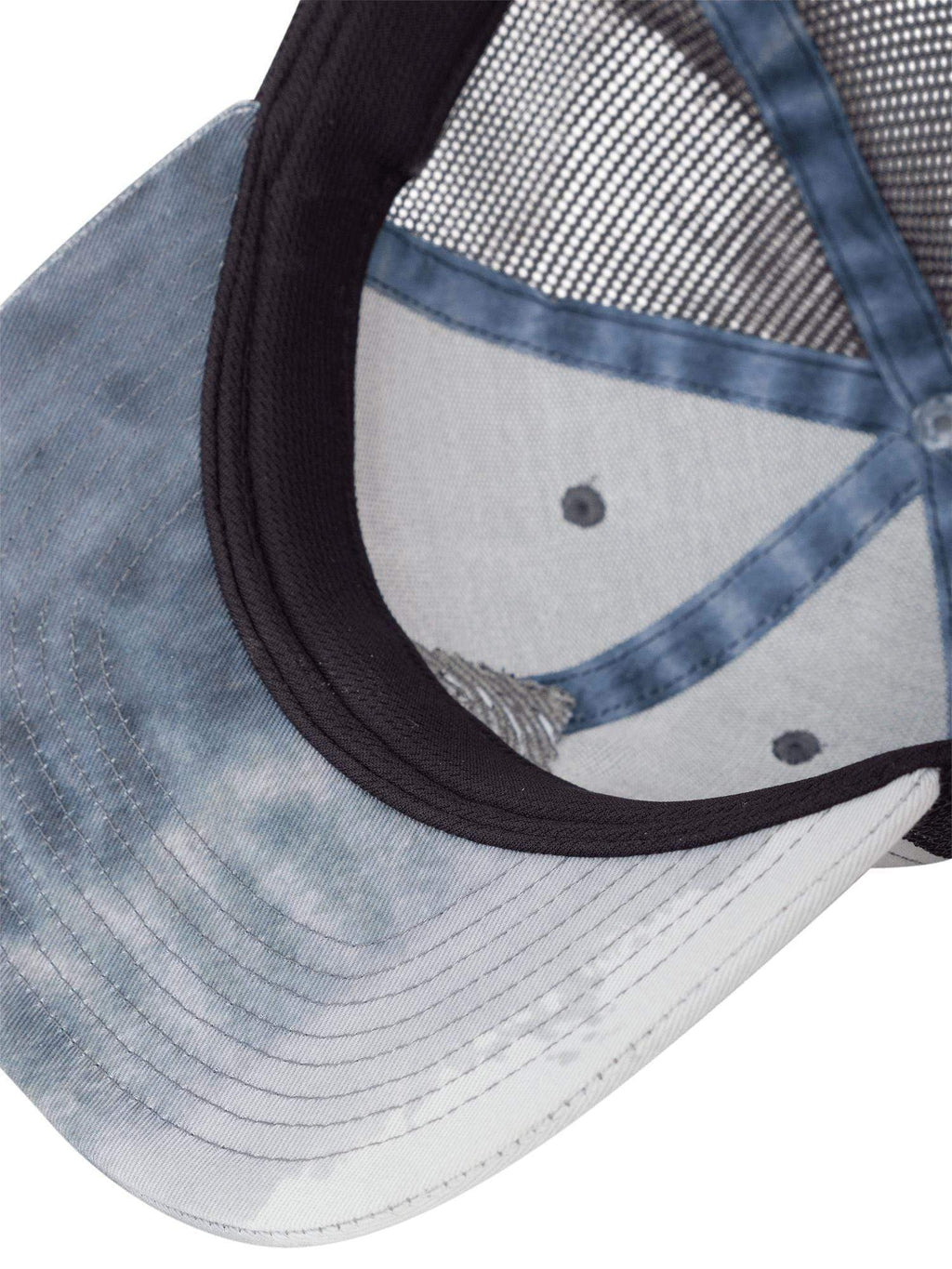 Close up image showing the interior and underside bill printing on a waterlust tiger shark printed recycled trucker cap hat and closed hole mesh antimicrobial sweatband