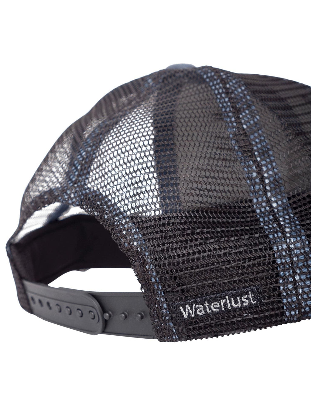 Close up view of the waterlust name embroidered on the back of a black mesh tiger shark printed trucker cap hat