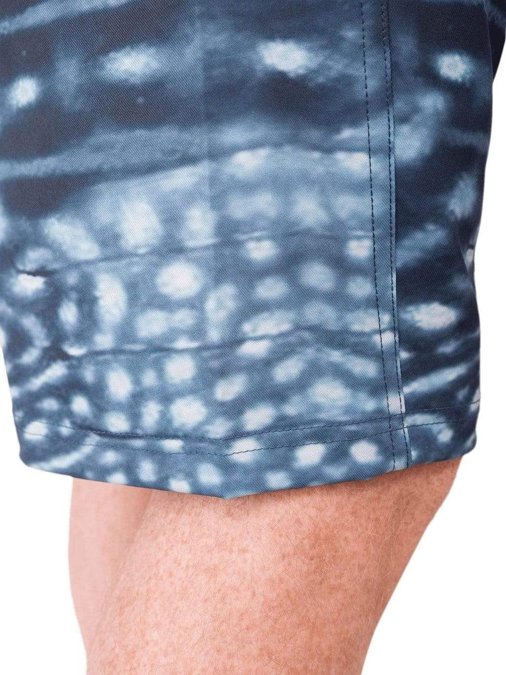 Waterlust Whale Shark Warrior Boardshorts close up of the bottom of the shorts