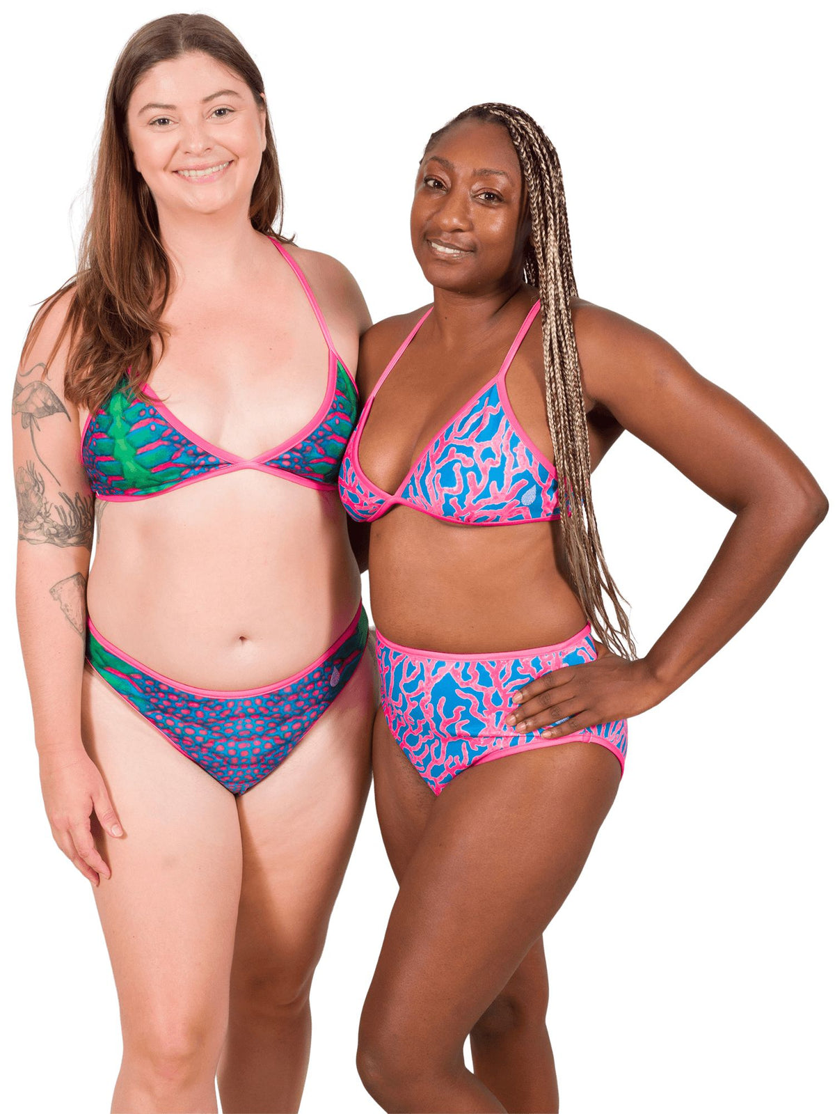 Model: Camilla (Left) is 5&#39;8&quot;, 195 lbs, 36B and wearing an XL String Bikini Top and XL Classic Bikini Bottom. Kayelyn (Right) is 5&#39;4, 146 lbs, 34C and is wearing a size M High-Waisted Bikini Bottom and a M String Bikini Top.