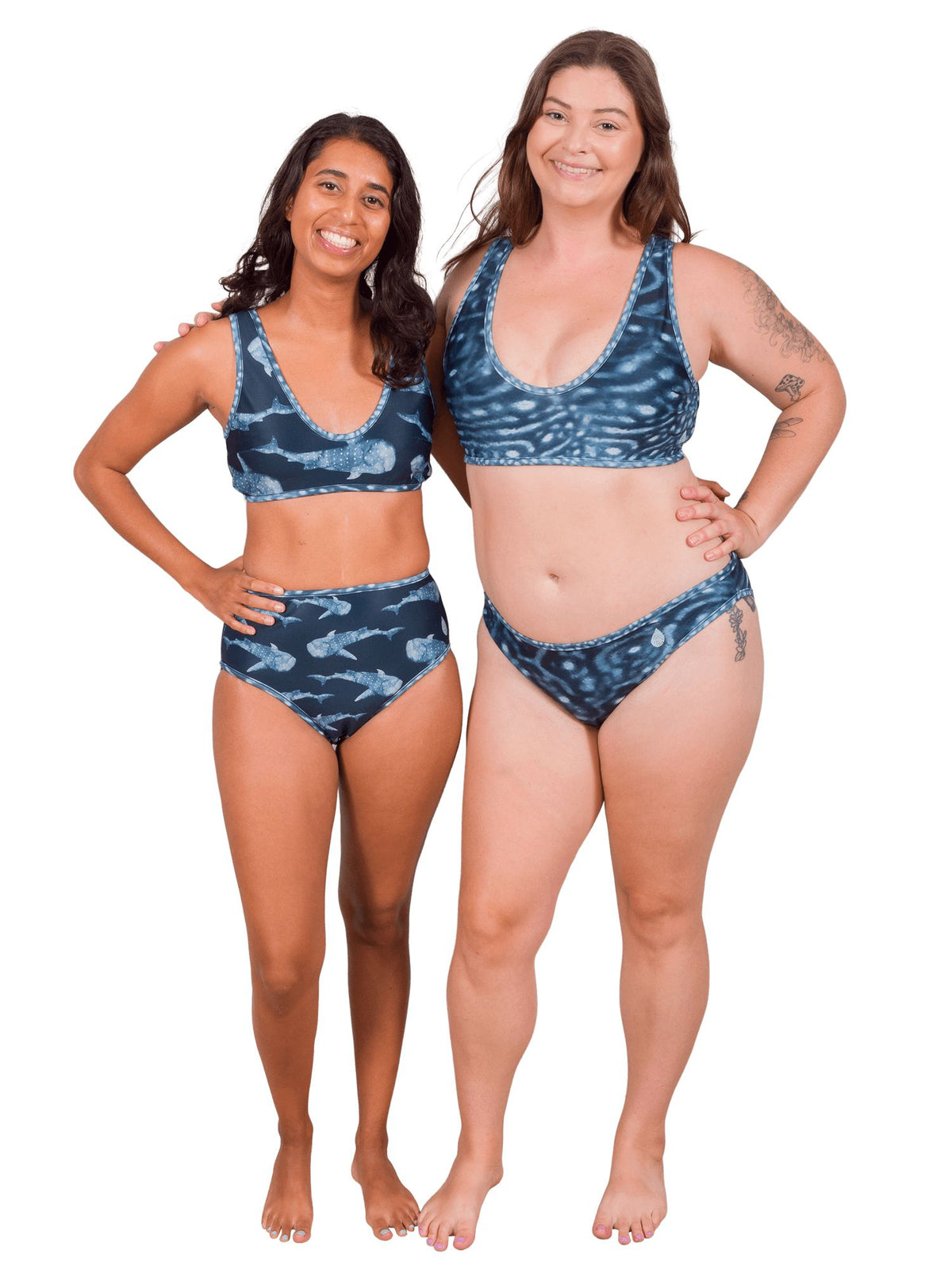 Model: Michelle (Left) is 5&#39;3&quot;, 111lbs, 32A and is wearing a size S Scoop Bikini Top and S High-Waisted Bottom. Camilla (Right) is 5&#39;8&quot;, 195 lbs and is wearing an XL Classic Bikini Bottom and XL Scoop Bikini Top.