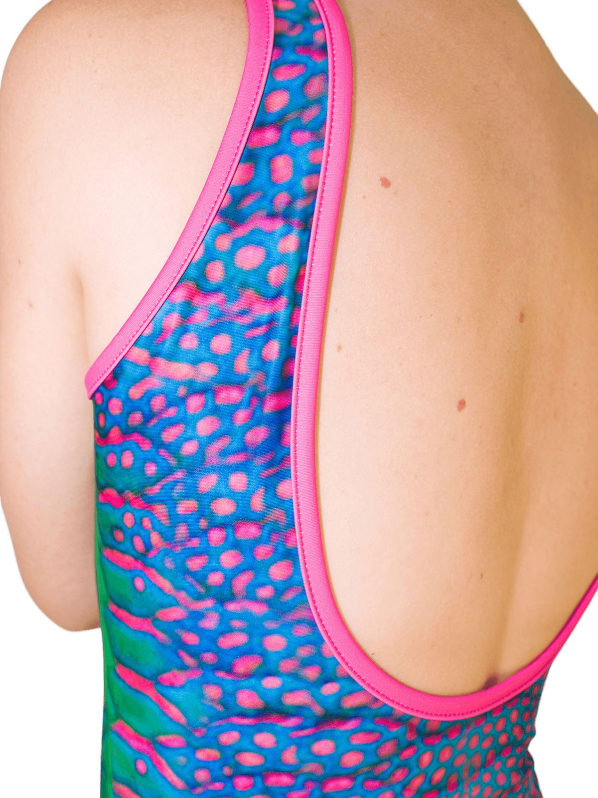 close up of back of a one piece swimsuit