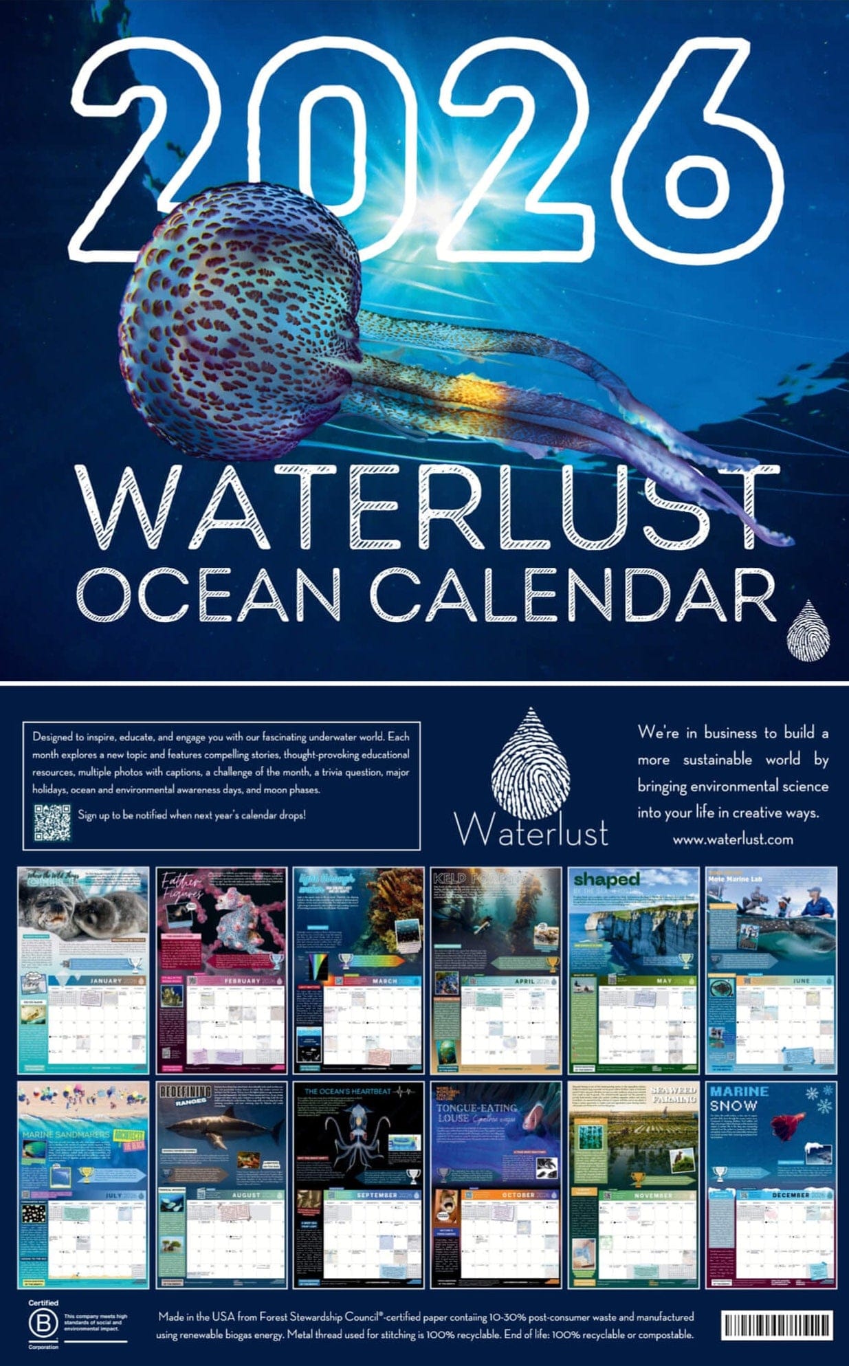 2026 Waterlust Ocean Calendar cover with a jellyfish image on a blue background
