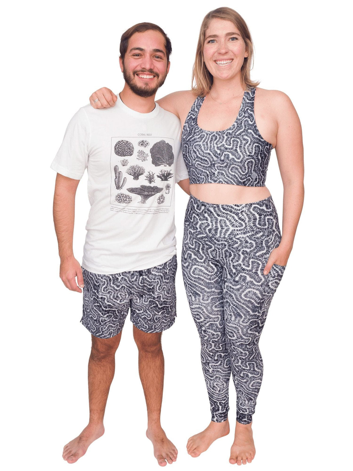 matching brain coral leggings, shorts, and top on a man and a woman