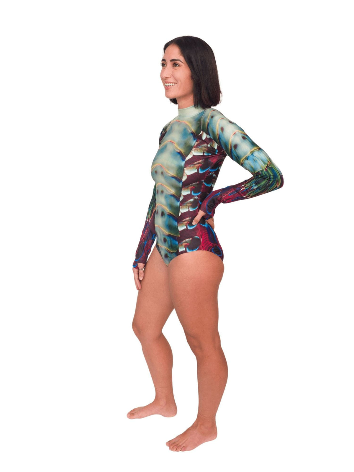 Model: Shireen is an underwater photographer, filmmaker, and scientist. She is 5&#39;7&quot;, 145lbs, and wearing a size M Sun Suit. 