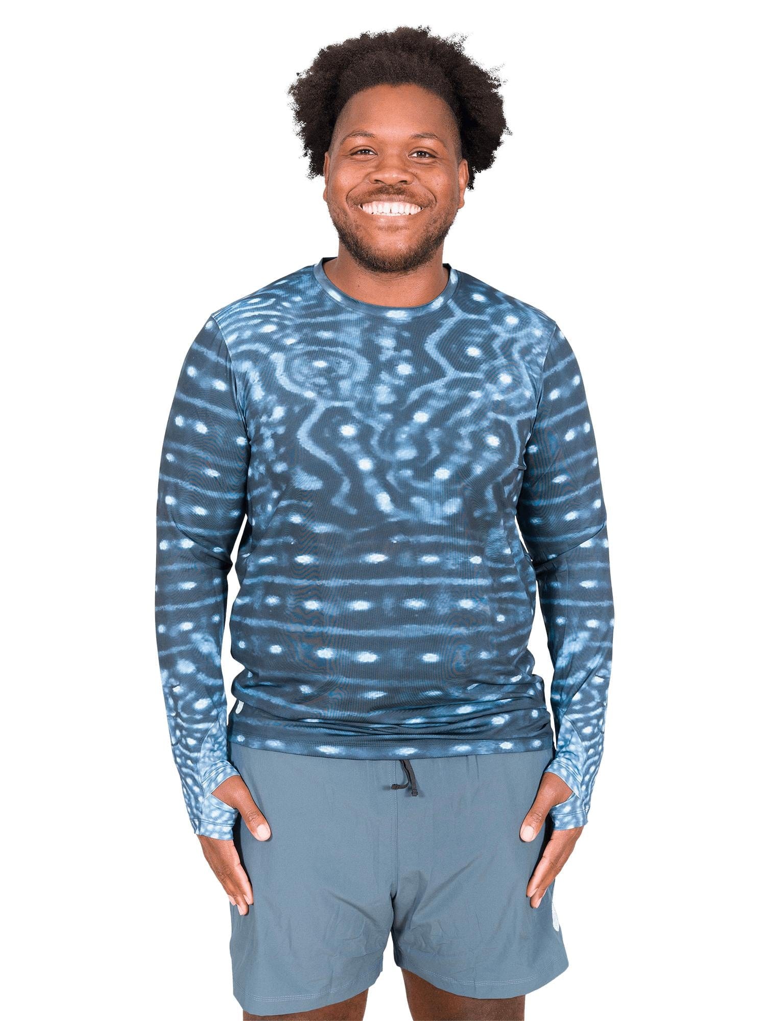 Model: Theo dedicates his free time to volunteering with local non-profits to remove debris from our waterways, and restoring habitats. He is 6'2", 260lbs, and is wearing a XL Men's Crew Neck Sun Shirt and 2XL Best Day Ever Short.