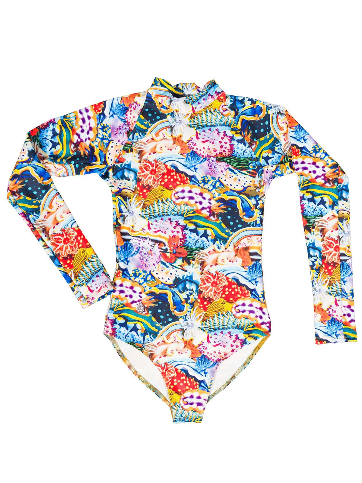 Nudibranch printed colorful sun suit laid flat on a white background.