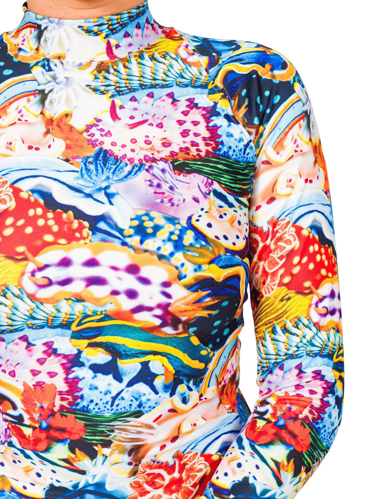 Close-up of the nudibranch printed sun suit showing the high neck and long sleeve sun protection.