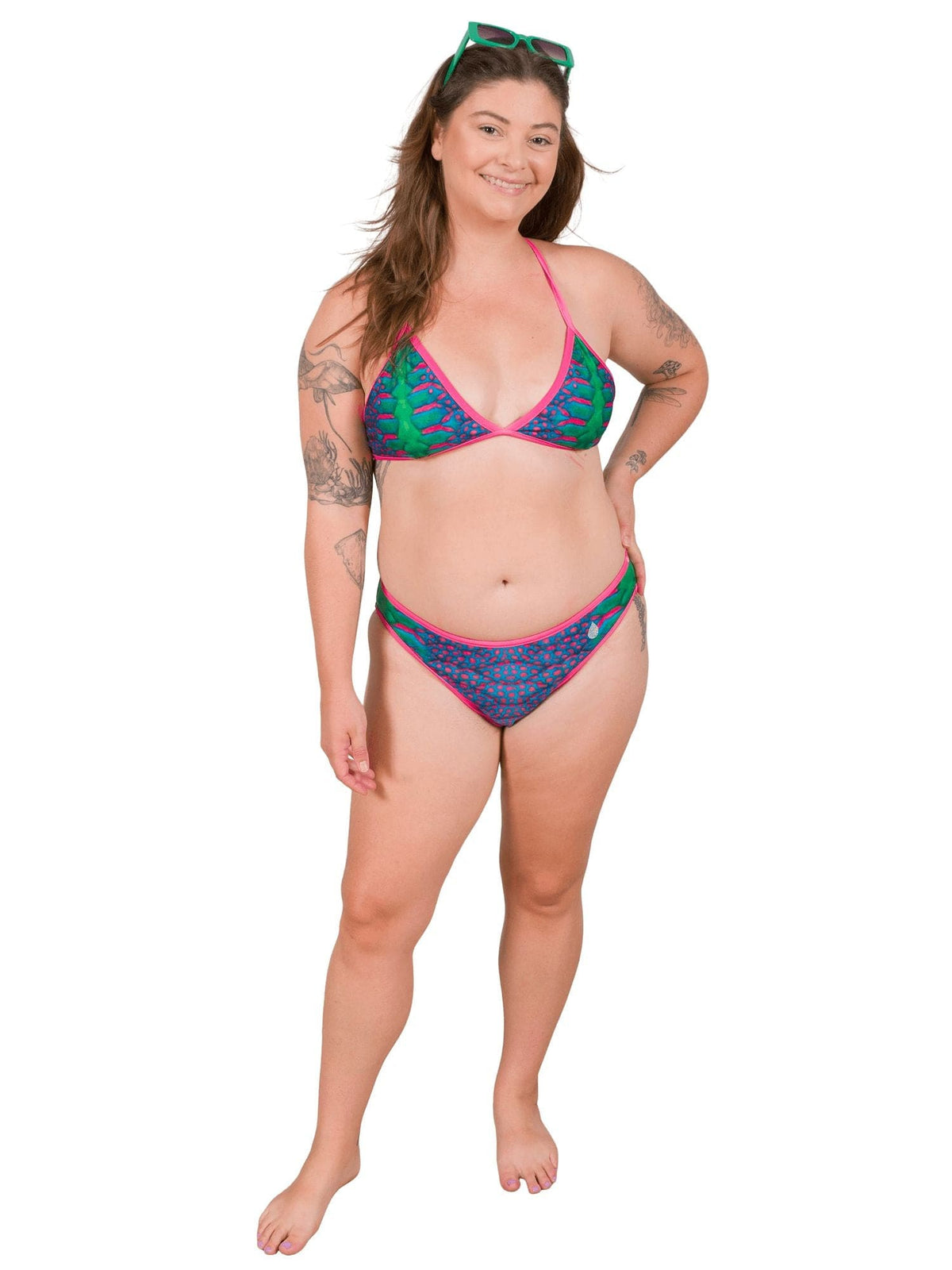 Model: Camilla is the Operations Manager here at Waterlust. She loves using her camera to communicate marine conservation issues. She is 5&#39;8&quot;, 195 lbs 36B and wearing a size XL Sting Bikini Top and XL Classic Bikini Bottom.