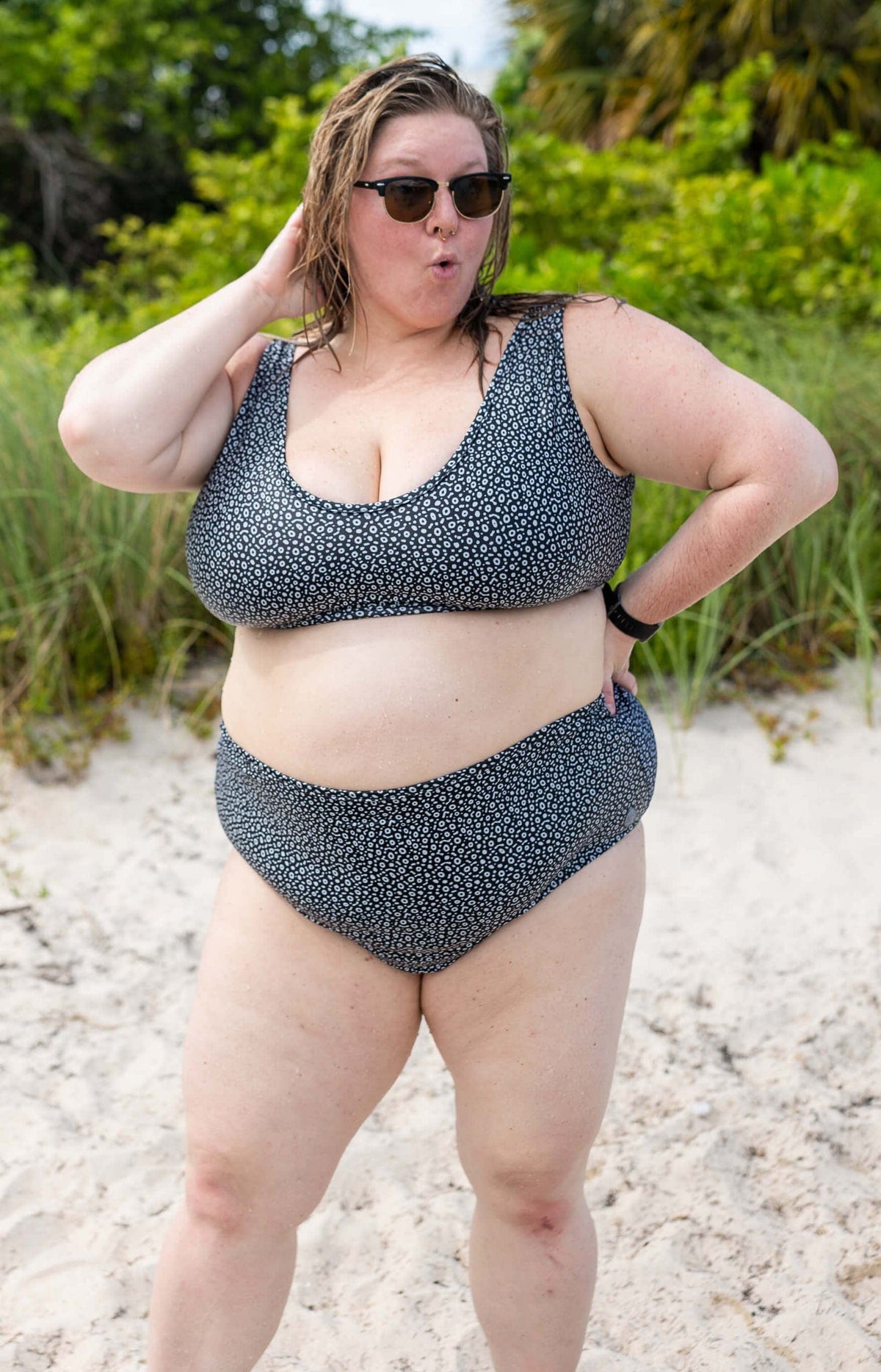 Model: Chelsea is a marine conservationist who believes that science is for everybody… and every BODY! She is 5&#39;2&quot;, 230 lbs, 42F and is wearing a 3XL Scoop Bikini Top and 2XL High-Waisted Bikini Bottom.