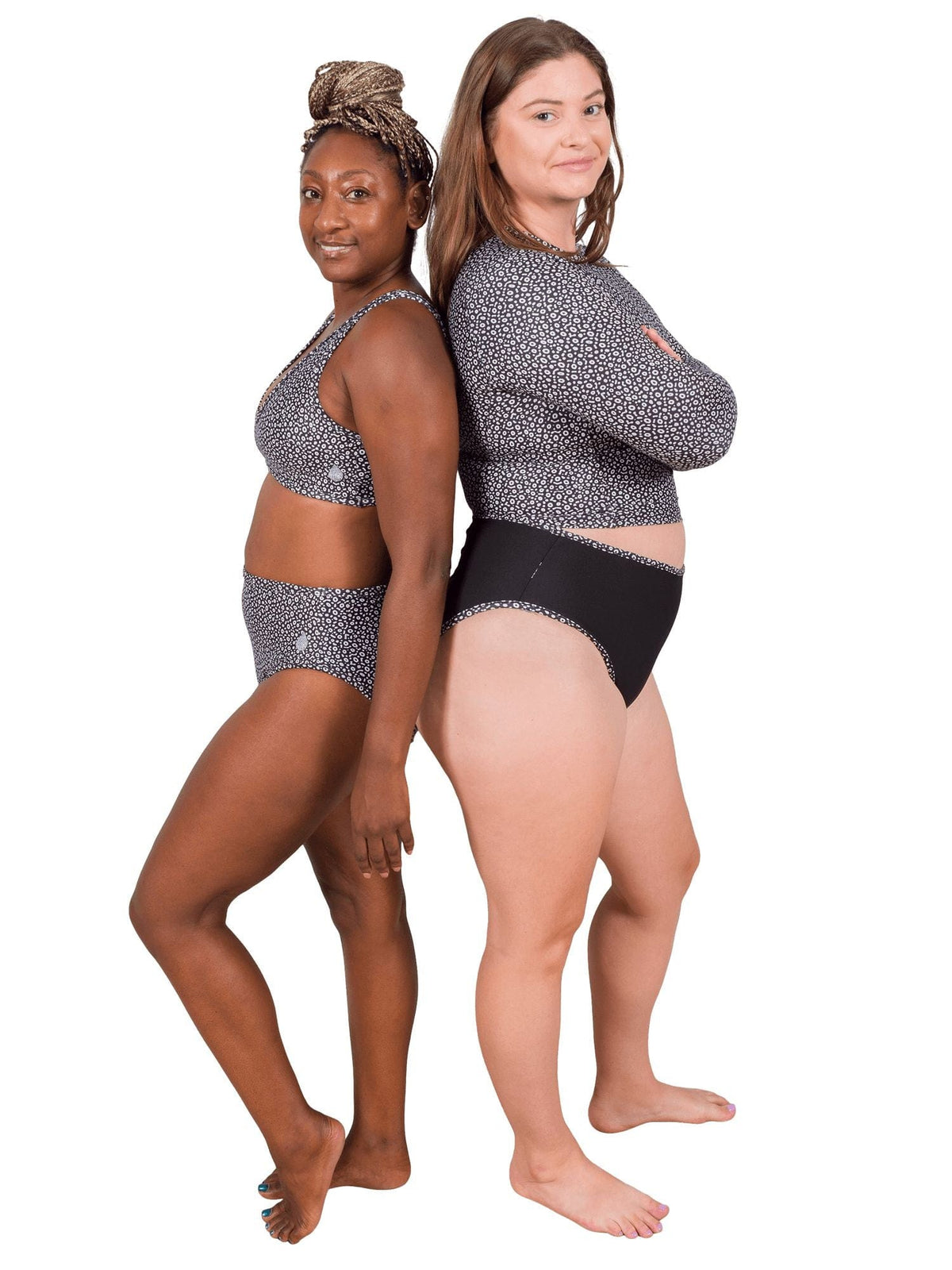 Model: Kayelyn (Left) is 5&#39;4, 146 lbs, 34C and is wearing a size M High-Waisted Bikini Bottom and a M Scoop Bikini Top. Camilla (Right) is 5&#39;8&quot;, 195 lbs, 36D and wearing an XL Cropped Rashguard and XL High-Waisted Bikini Bottom.