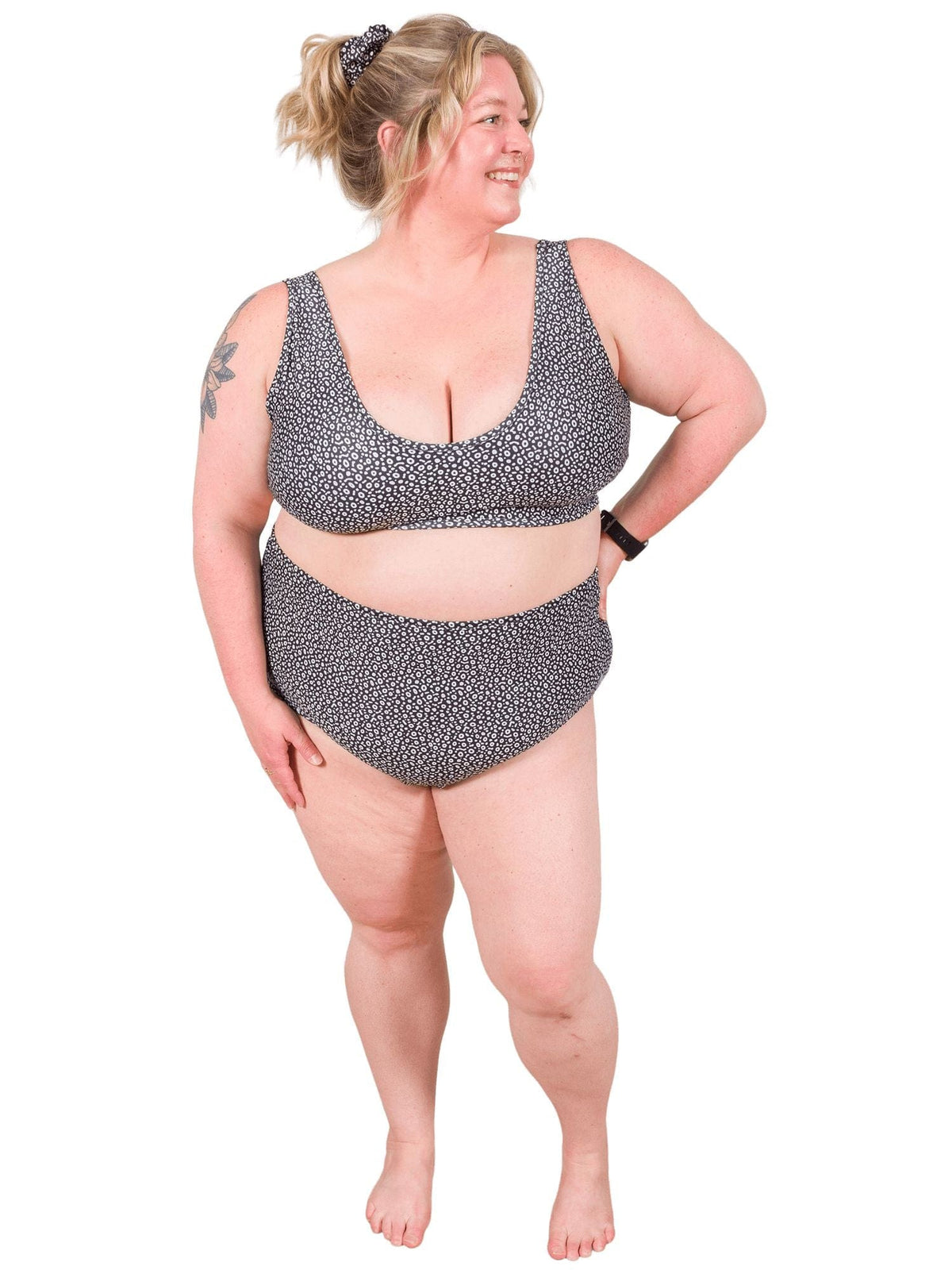 Model: Chelsea is a marine conservationist who believes that science is for everybody… and every BODY! She is 5&#39;2&quot;, 230 lbs, 42F and is wearing a 3XL Scoop Bikini Top and 2XL High-Waisted Bikini Bottom.