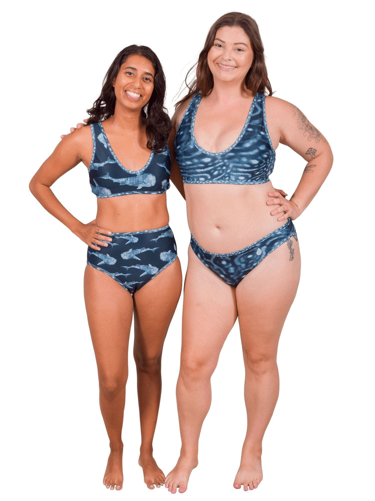 Model: Michelle (Left) is 5&#39;3&quot;, 111lbs, 32A and is wearing a size S Scoop Bikini Top and S High-Waisted Bottom. Camilla (Right) is 5&#39;8&quot;, 195 lbs, 36D and is wearing an XL Classic Bikini Bottom and XL Scoop Bikini Top.