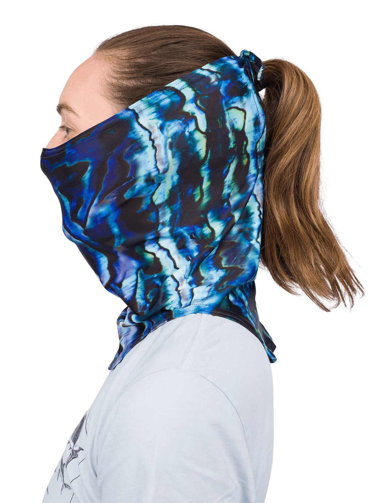 Model: Back tie to adjust size around face, or attach to a hat or ponytail. 