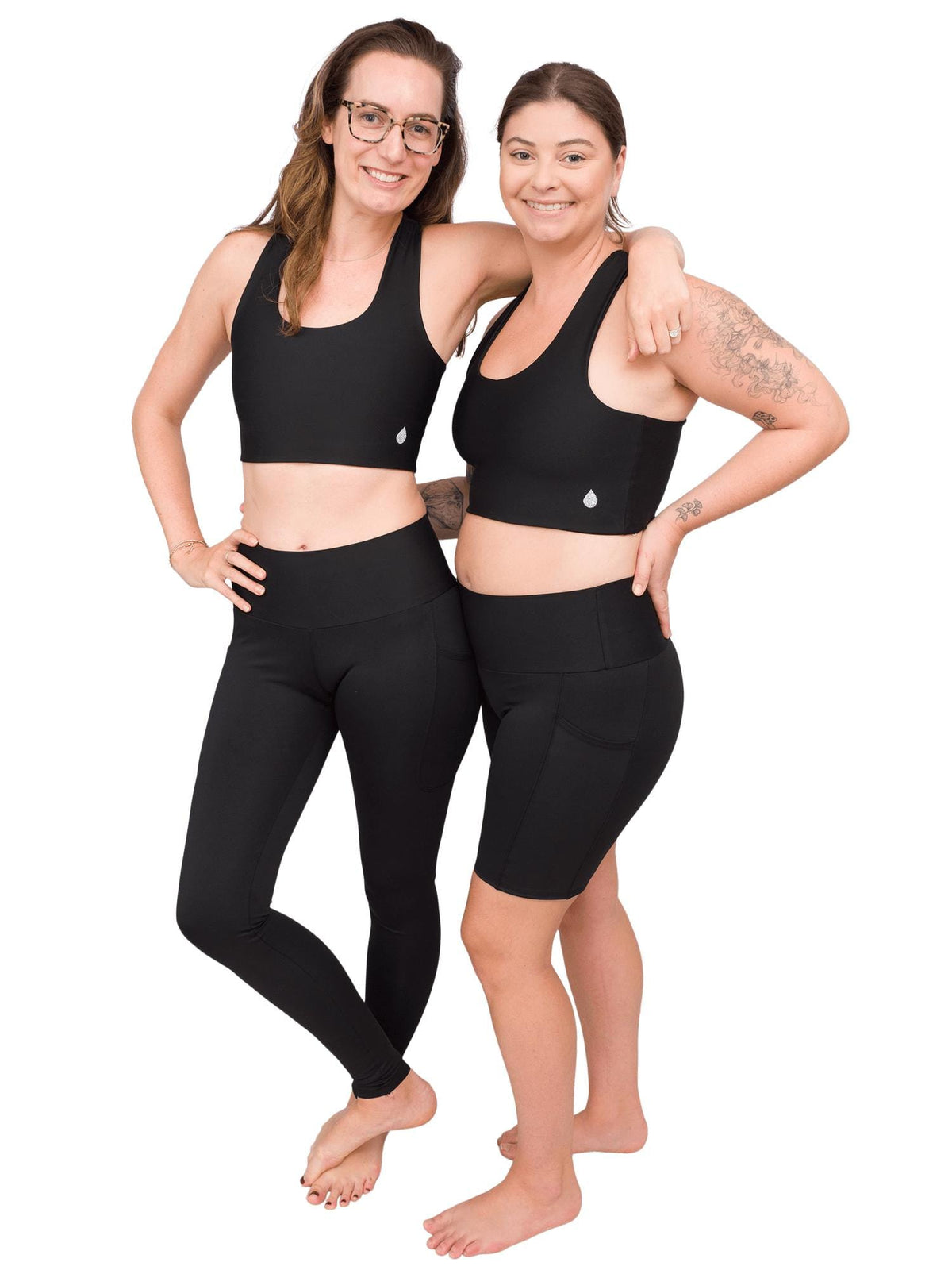 Model: Laura (left) is 5&#39;11&quot;, 150lbs, 34B, and wearing a size M top and M shorts. Camilla (right) is 5&#39;8&quot;, 180 lbs, 36B and wearing a size L shorts and L top.