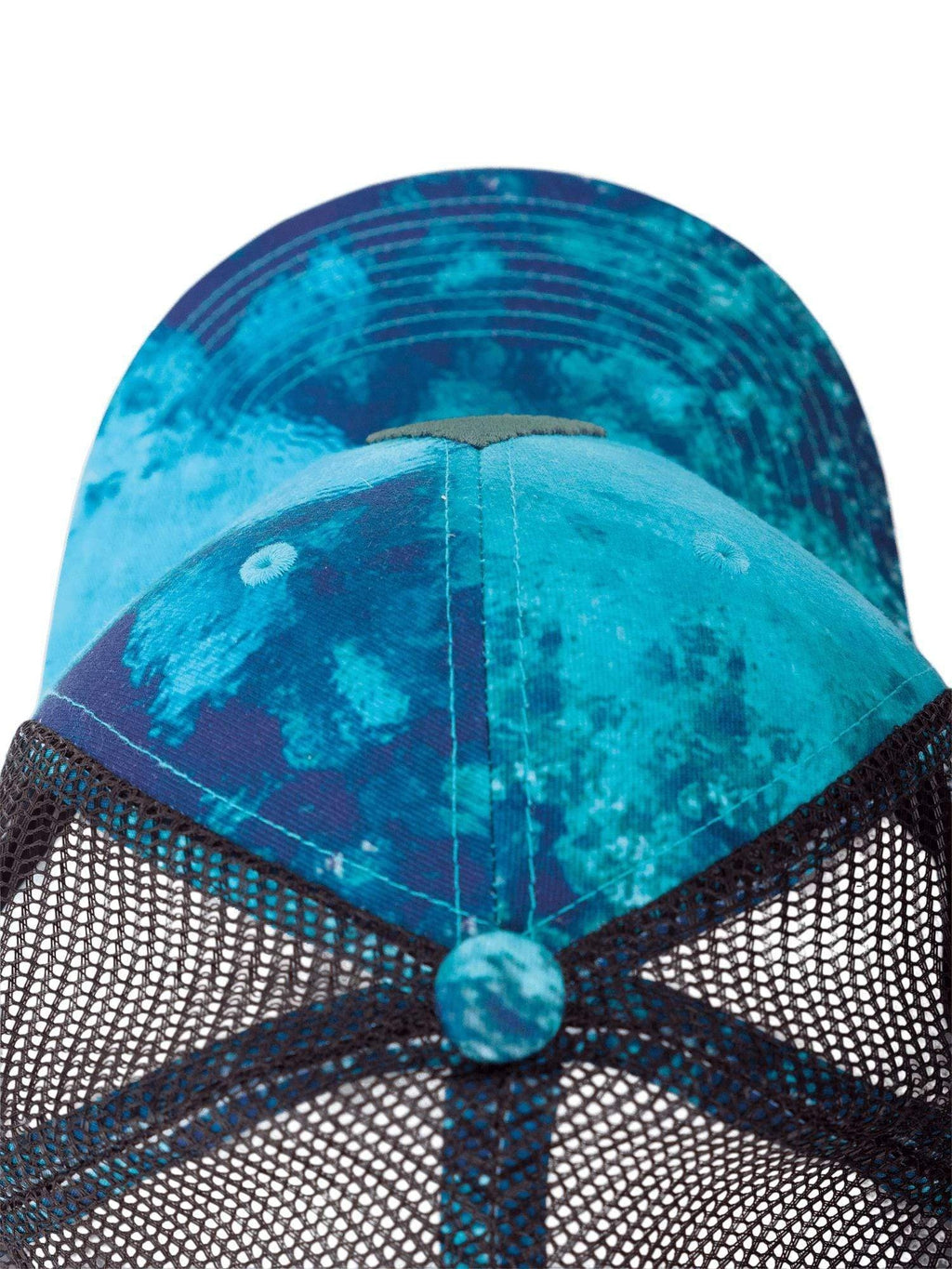 Close up view of the top of a blue florida springs printed hat with a forest green waterlust embroidered logo