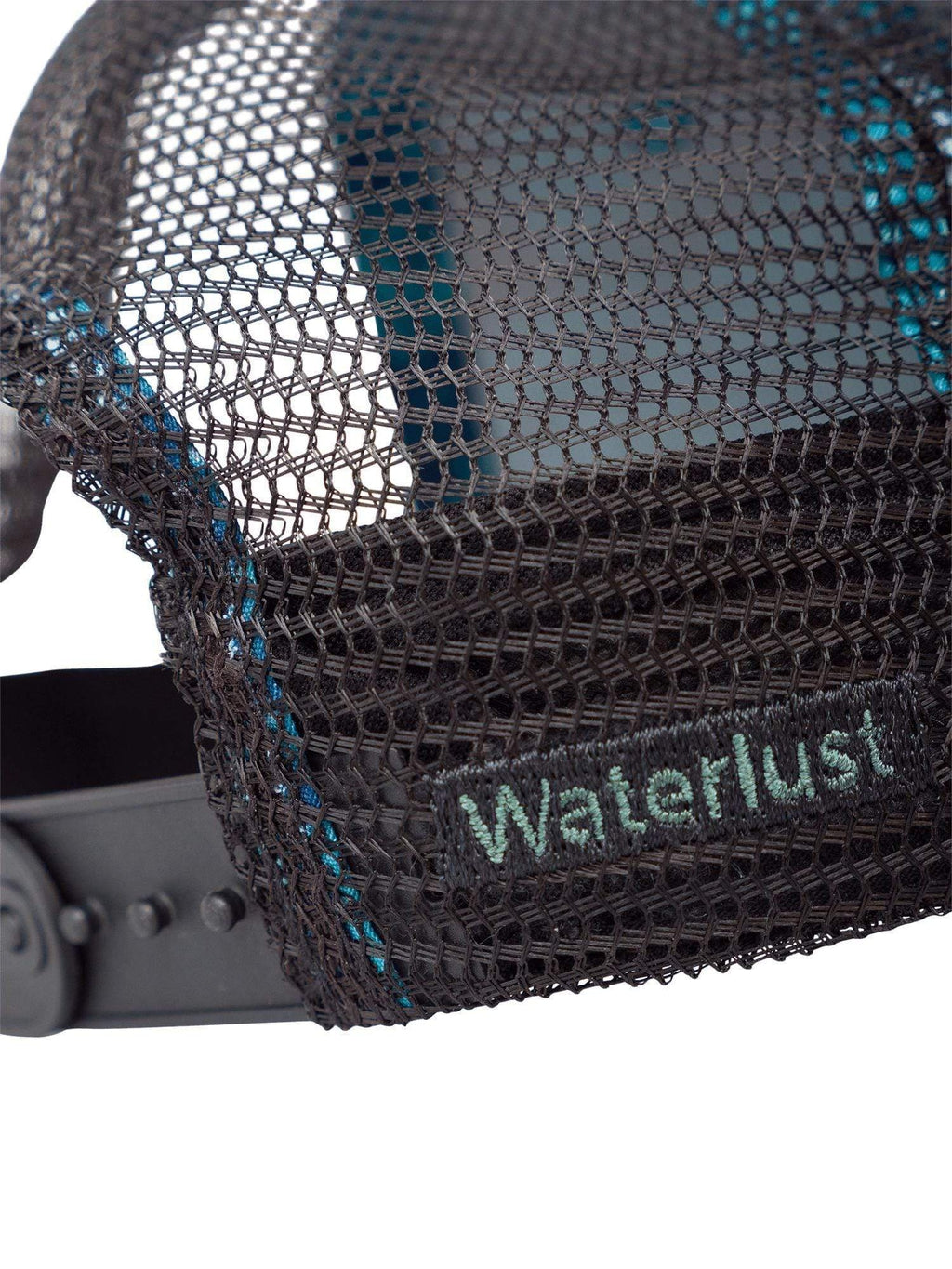 Close up view of the waterlust name embroidered on the back mesh of a black and blue florida springs trucker cap hat