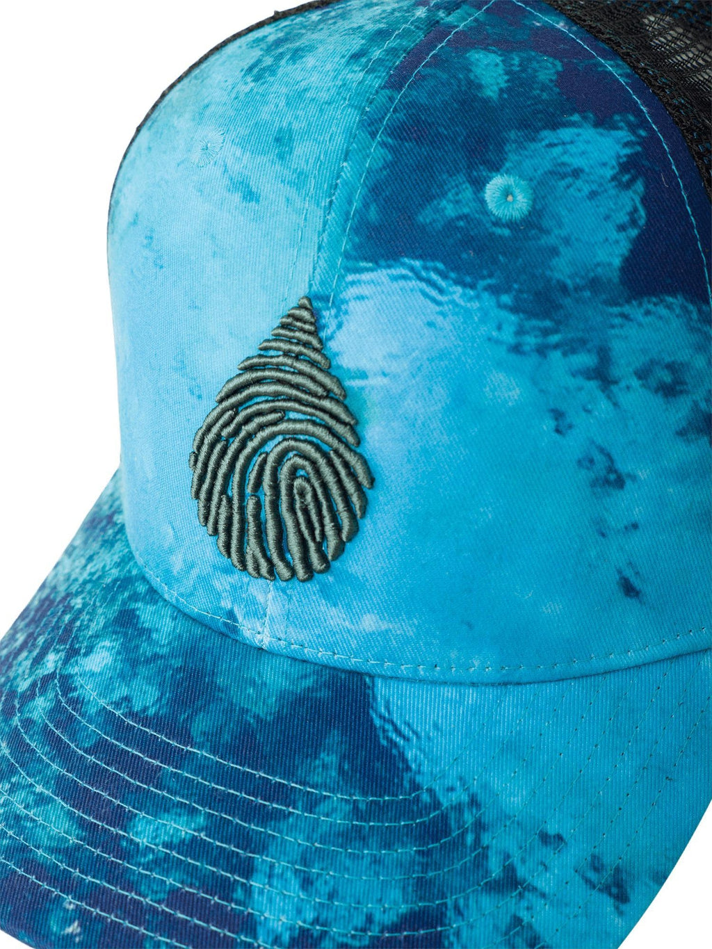 Close up view of a blue florida springs printed hat with a forest green waterlust embroidered logo