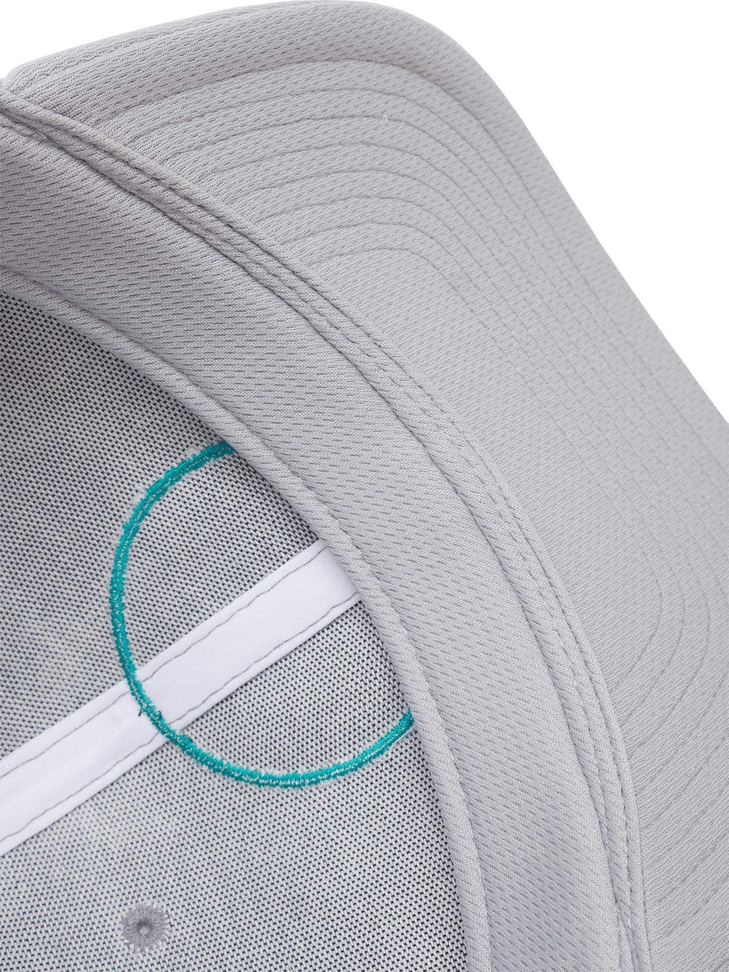 Close up view of the inside of a gray fabric hat, showing the closed hole mesh antimicrobial sweatband