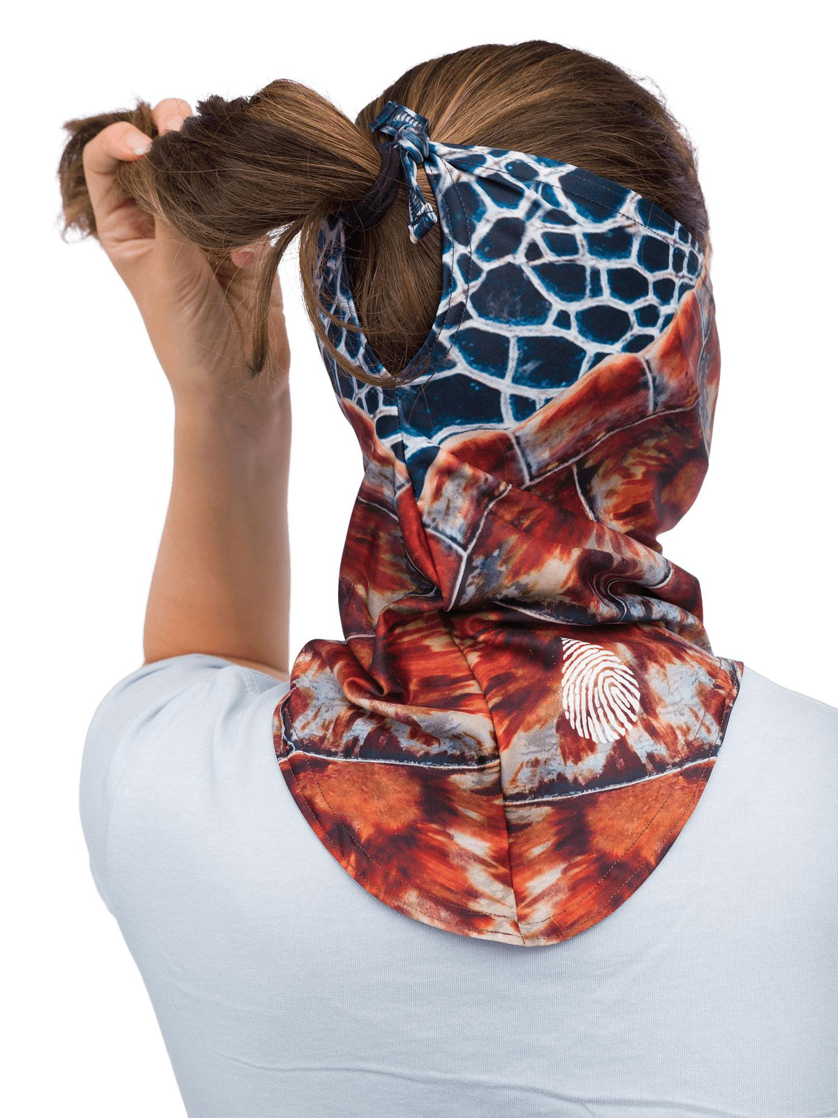 Model: Back tie to adjust size around face, or attach to a hat or ponytail. 