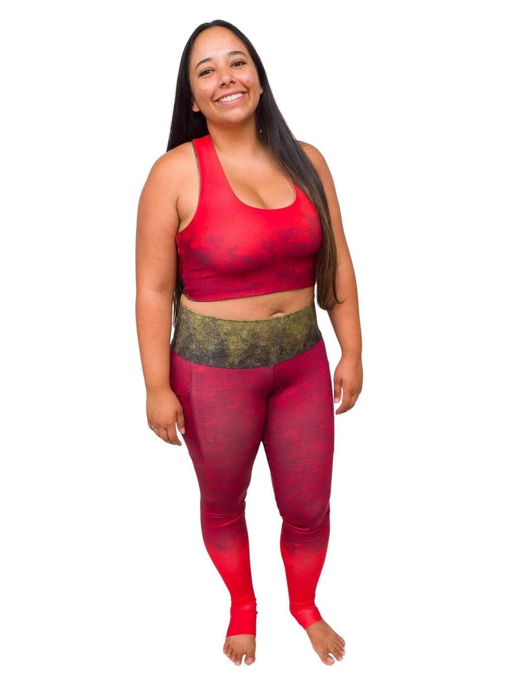 Model: Meagan is a biologist with a focus on water quality who loves to wear her heart on her sleeve while advocating for marine science and conservation. She is 5&#39;3&quot;, 155 lbs, 36DD and is wearing a L top and legging.