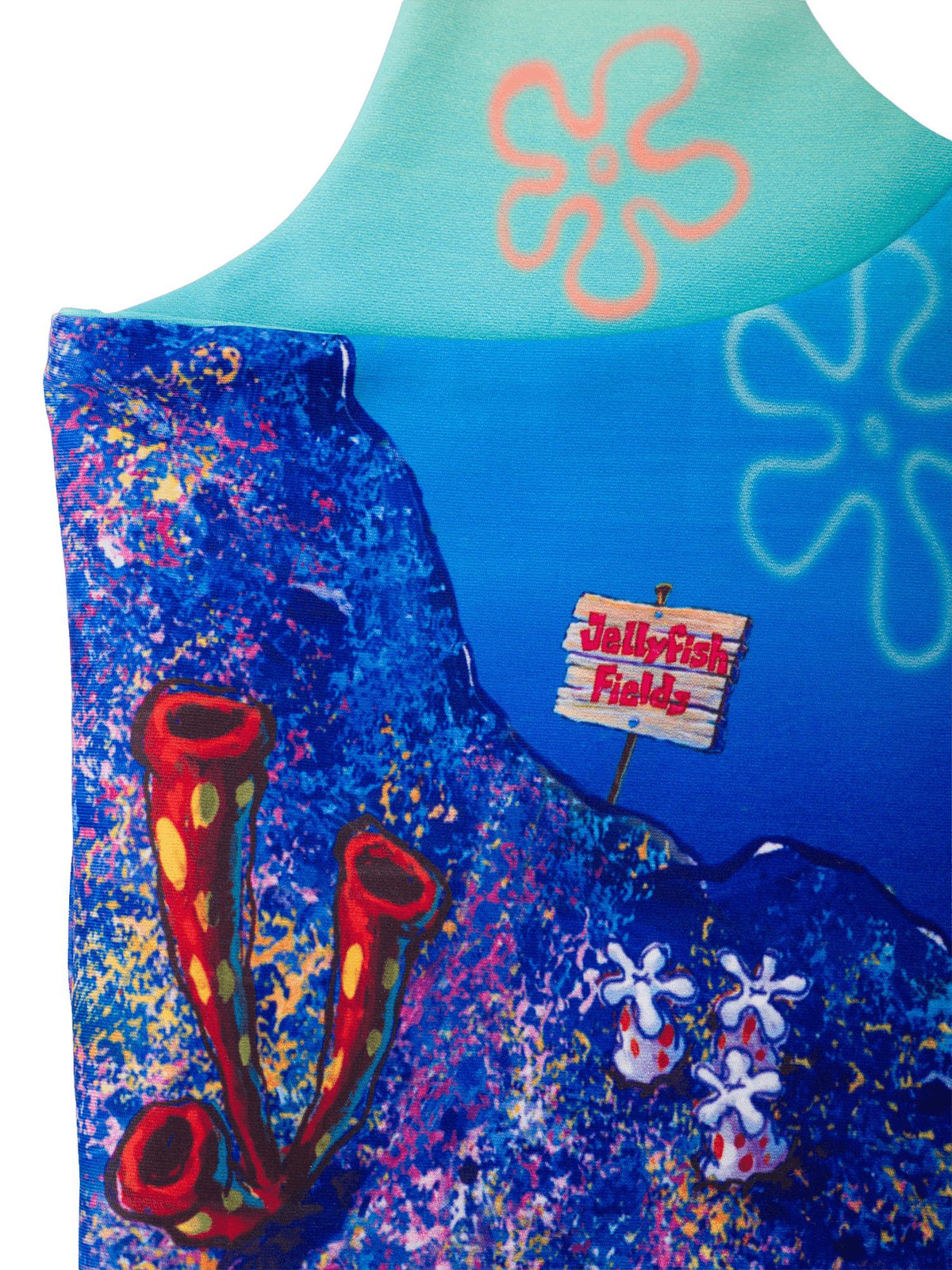 Close up detail image showing the back left of the SpongeBob top with Jellyfish Fields sign.