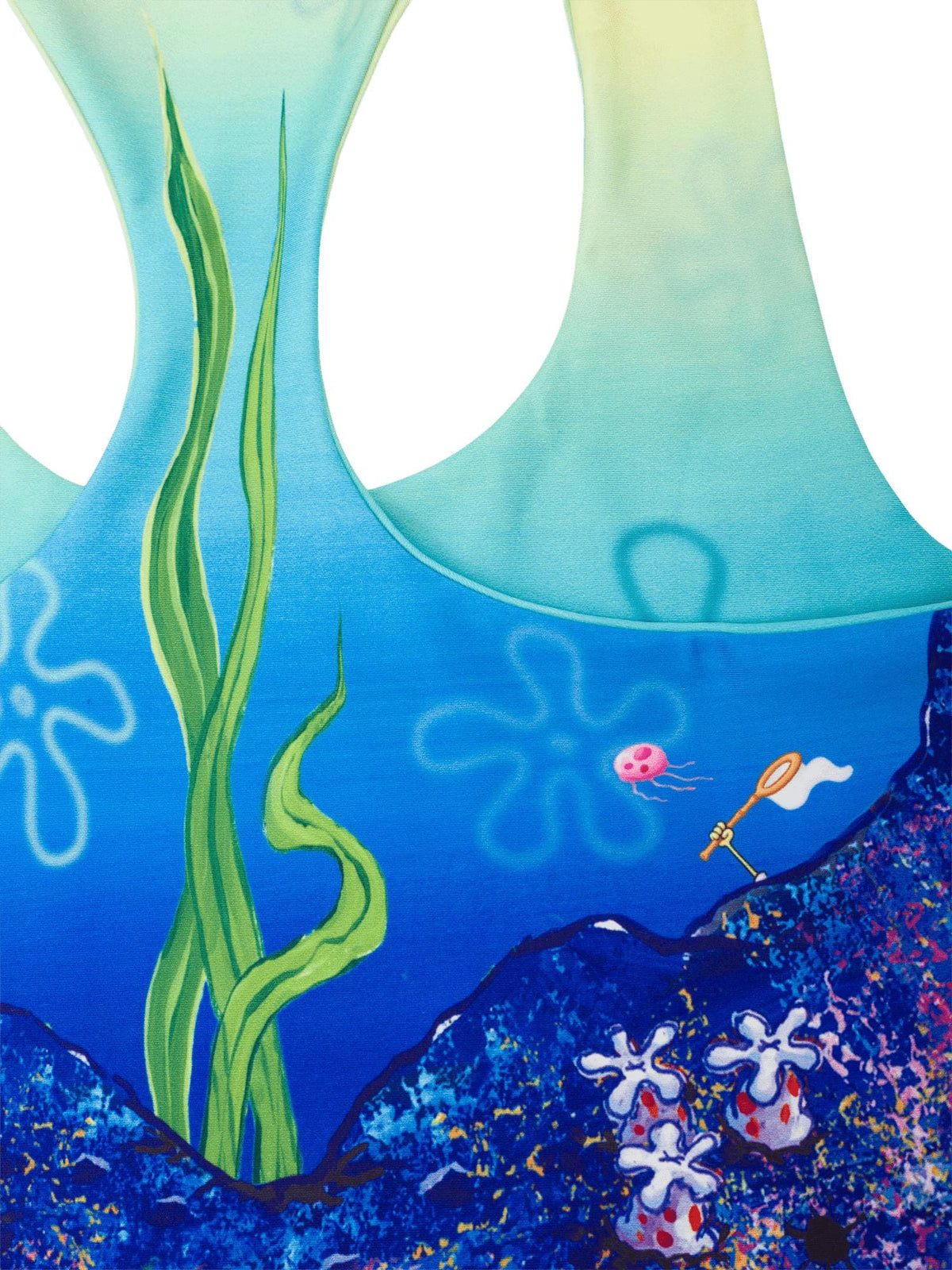 Close up detail image showing the back right side of the top with SpongeBob&#39;s hand catching a jellyfish in a net
