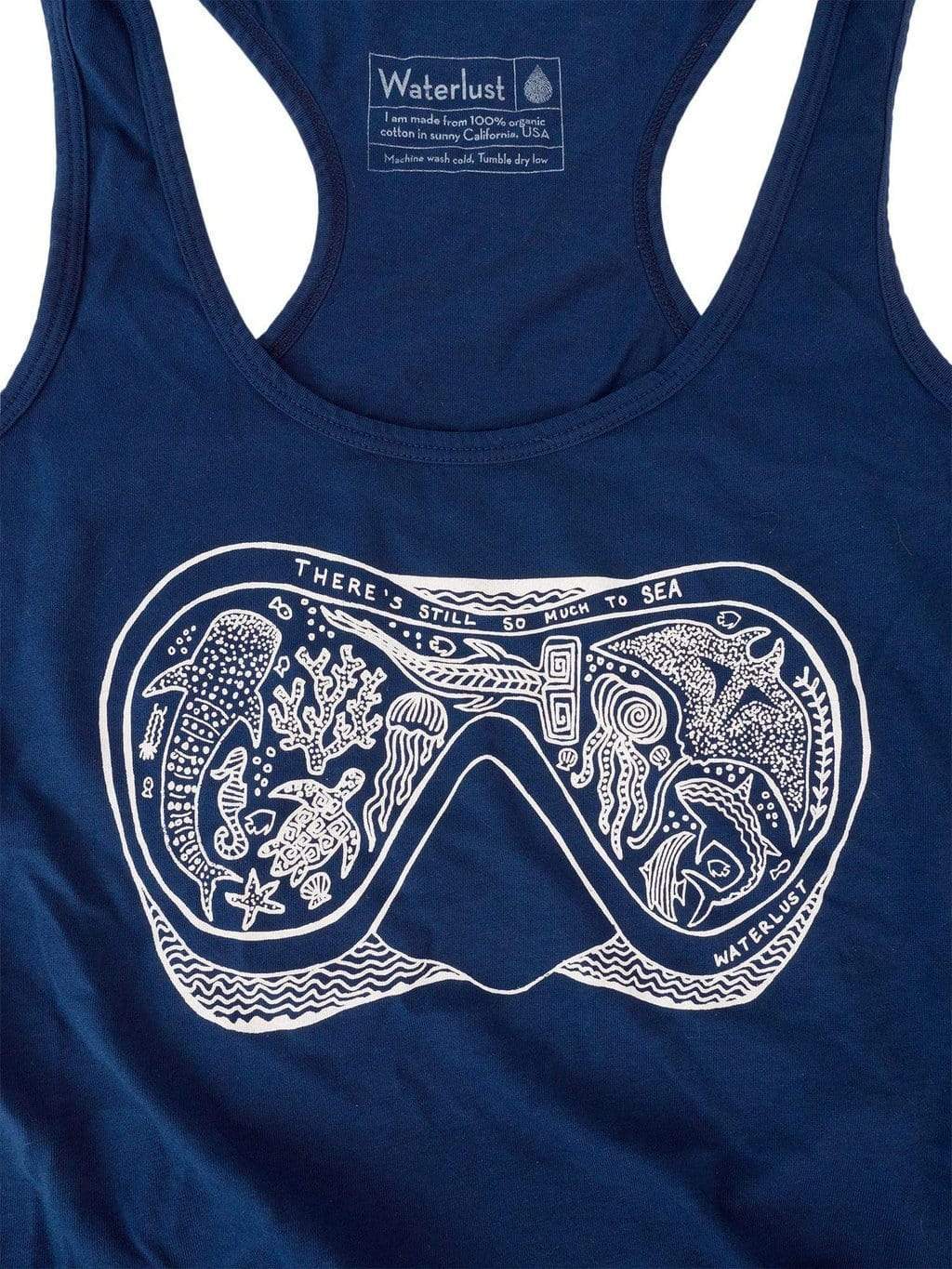 Waterlust &quot;There&#39;s Still So Much To Sea&quot; 100% Organic Cotton Tank Top - close up of diving mask design