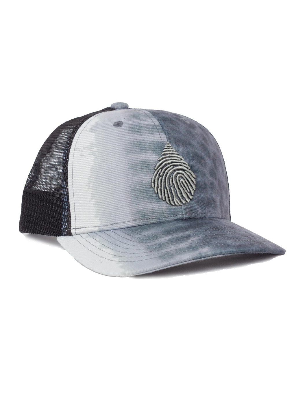 Picture of a tiger shark printed recycled trucker cap hat with gray waterlust 3d embroidered logo