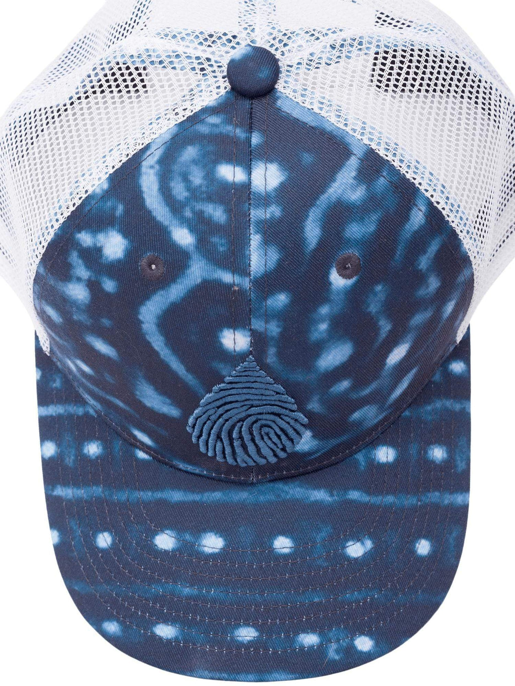 Top down, close up image of a waterlust whale shark printed recycled trucker cap hat with waterlust logo emroidered on front