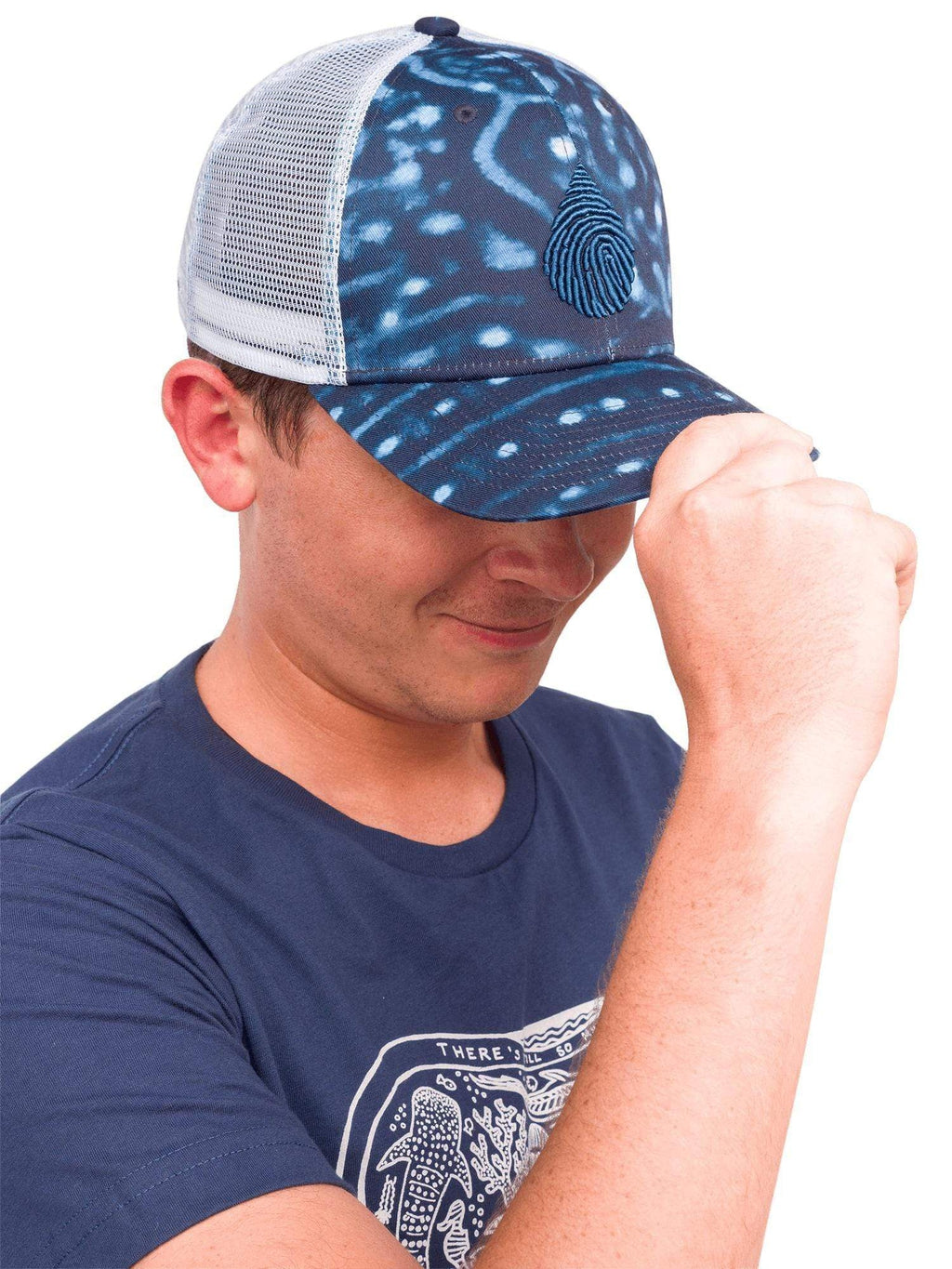 image of a waterlust whale shark printed recycled trucker cap hat with waterlust logo emroidered on front